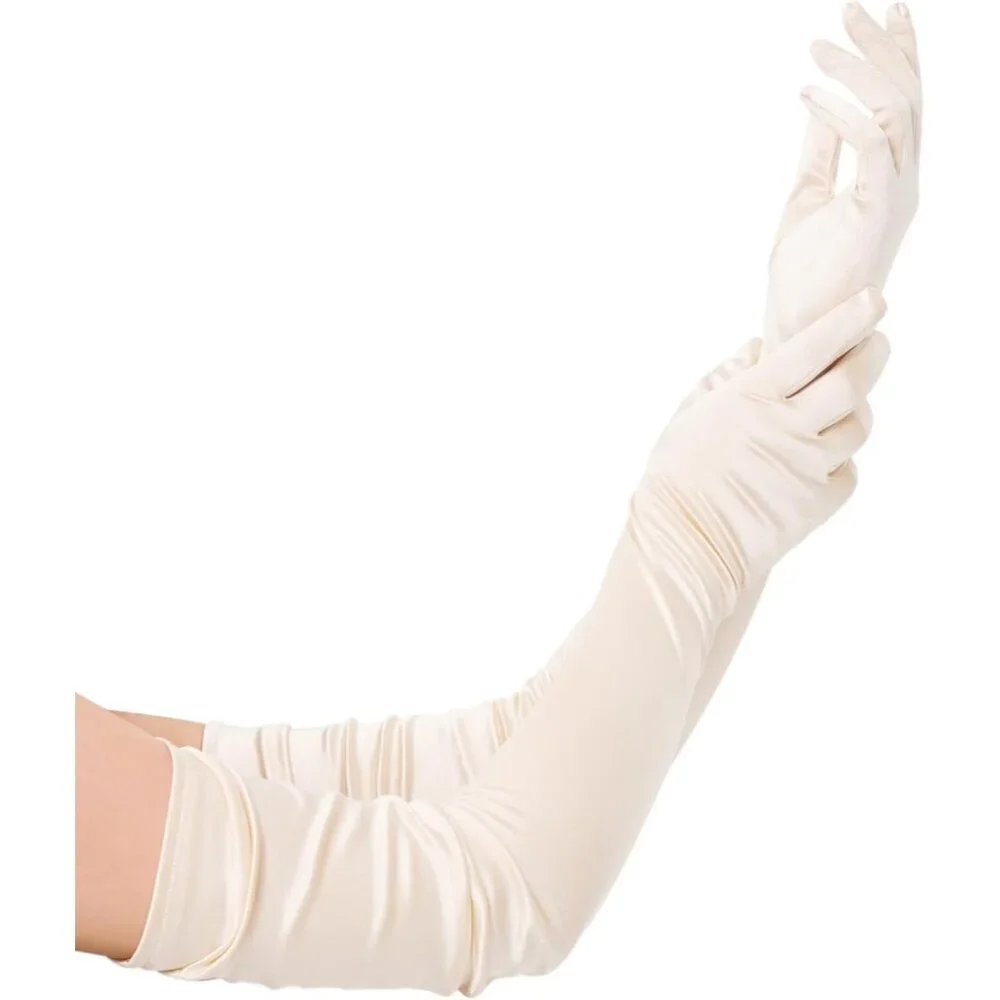 Women's Long Satin Gloves Champagne Stretchy Upper Arm Length Costume Design